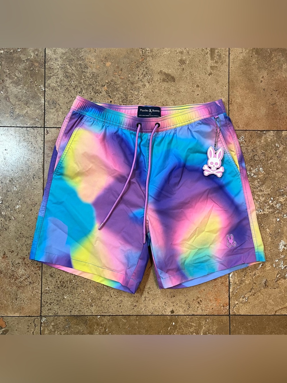 Psycho Bunny Men's Violet Lined Tyler All Over Print Graphic Swim Trunks Small